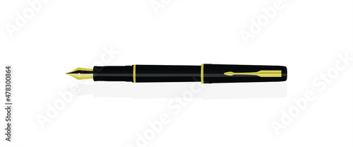 Vector of Golden  and Black Color Fountain Pen With A Cap.  Illustration of Mock Up Pen isolated on white background.