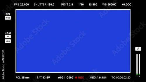 Video camera interface frame with shooting parameter indicators. 4K horizontal viewfinder frame with frame. Director's monitor interface, to which the video from the movie camera is transmitted.