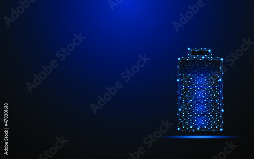 Abstract battery charging on dark blue background. Digital low poly wireframe style design with connection points. vector illustration
