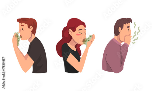 Man and Woman Breathing to the Hand Feeling Bad Smell from Their Mouth Vector Set photo