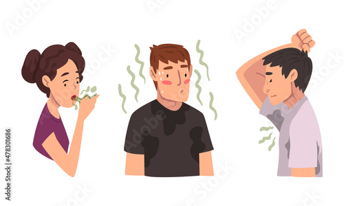 Man and Woman Breathing to the Hand Feeling Bad Smell from Their Mouth and Armpit Vector Set