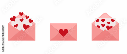 Valentine's Day. Set of envelopes with a heart. Image of love letter illustration in flat style.
