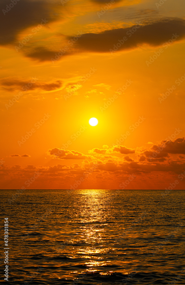 Beautiful orange sunset on the Black Sea in Batumi, Adjara, Georgia