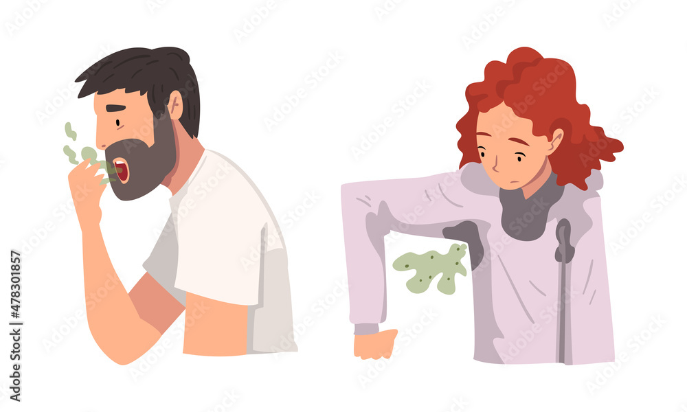 Man and Woman Breathing to the Hand Feeling Bad Smell from Their Mouth and Armpit Vector Set Man and Woman Breathing to the Hand Feeling Bad Smell from Their Mouth and Armpit Vector Set