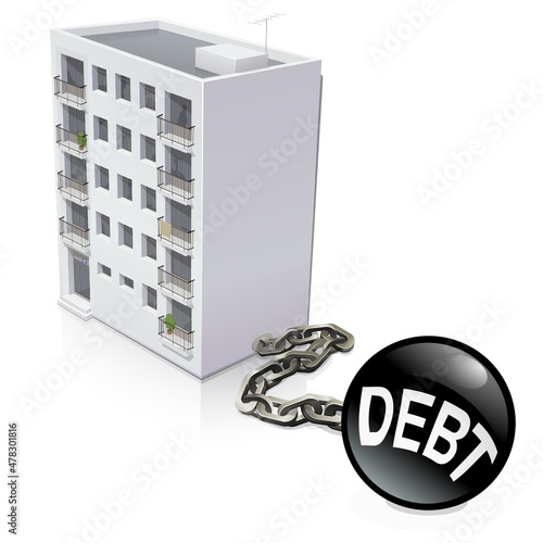 Cuadro en lienzo Three dimensional apartment building with a metal debt ball attached with a chai