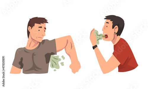 Man Breathing to the Hand Feeling Bad Smell from Their Mouth and Armpit Vector Set