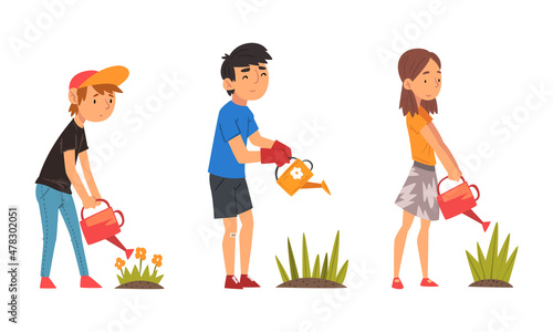 Little Kid Character Watering Plant Sprout Growing in Soil Vector Set