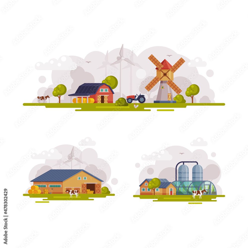 Country or Rural View with Barn House, Windmill and Water Tower Vector Set
