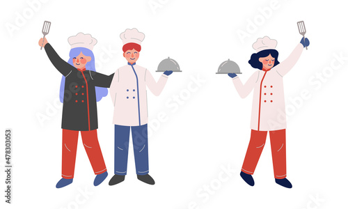 Teen Boy and Girl Chef in White Toque and Jacket Holding Tray with Meal Vector Set