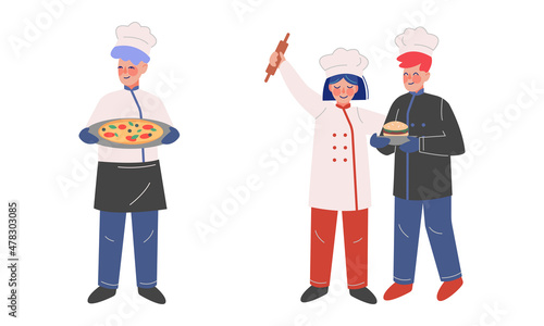 Teen Boy and Girl Chef in White Toque and Jacket Holding Plate with Hamburger and Pizza Vector Set