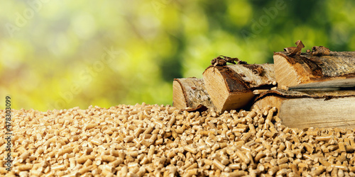 biomass - wood pellets and birch firewood on green leaf background. renewable energy