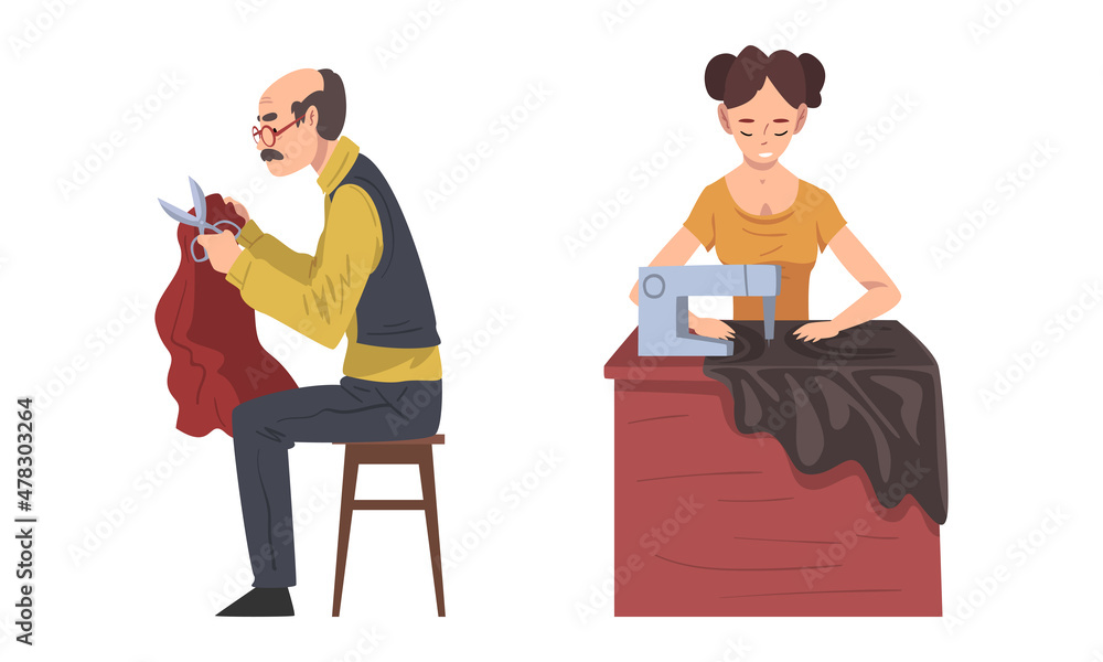 Man and Woman Fashion Designer or Tailor Working at Sewing Machine with Fabric Vector Set