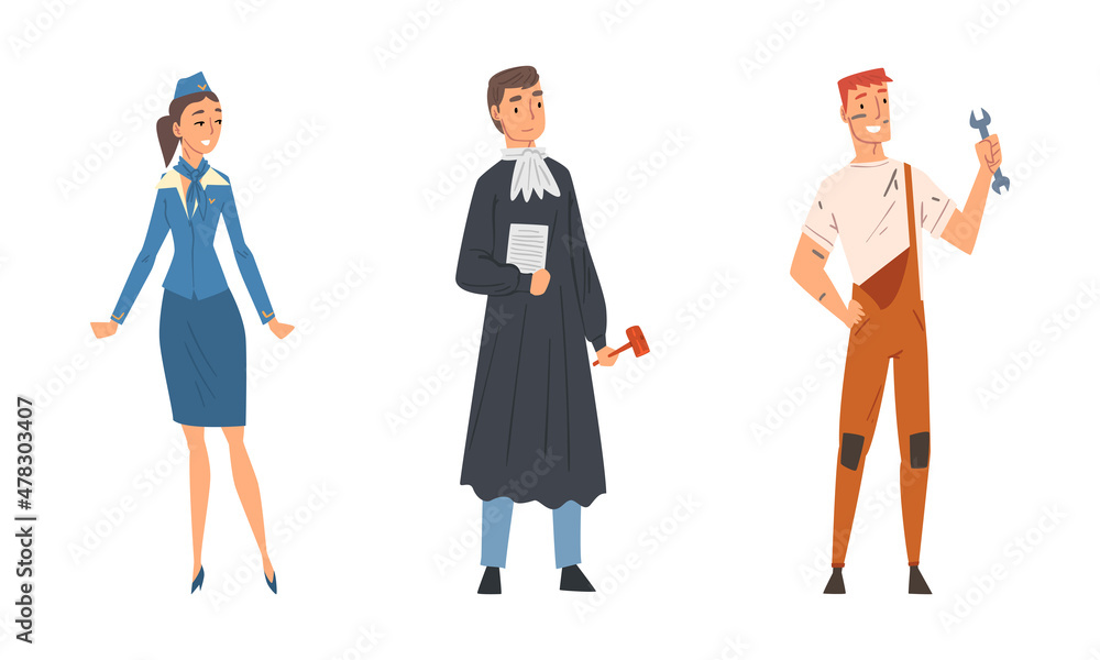 Woman Stewardess and Man Arbitrator with Inscribed Gavel Vector Set Woman Stewardess and Man Arbitrator with Inscribed Gavel Vector Set
