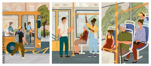 People in bus vector posters set. City public ptransport interior, sitting and standing passengers. People commute by bus