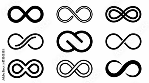 Infinity icons set isolated on white background. Eternal, limitless, endless, unlimited infinity symbols. Mobius line vector illustration