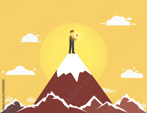 Mountain top success. Winner  happiness and reaching goals concept.