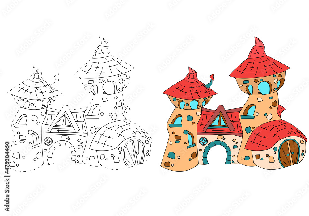 A funny fairytale house with an arch and towers. Coloring book for children. Practice of handwriting. Education Development Worksheet.