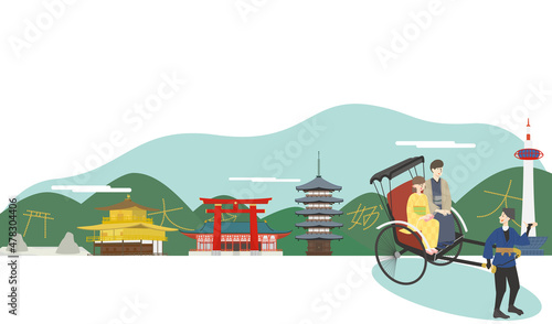 京都の有名な観光スポットを人力車で周る若い男女のカップル