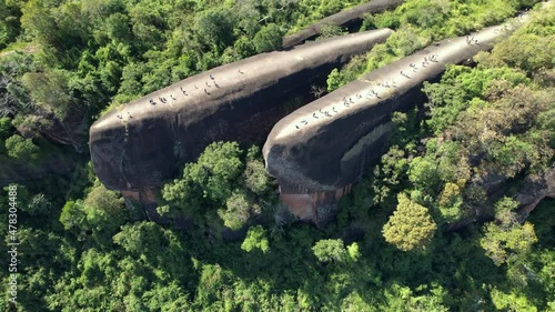 Zoom Out Bird Eye View of Three Whale Rock in Beung Kan Thailand