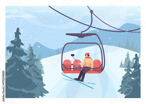 Skier lifting up to a slope by ski lift. Character taking selfie on a chairlift.