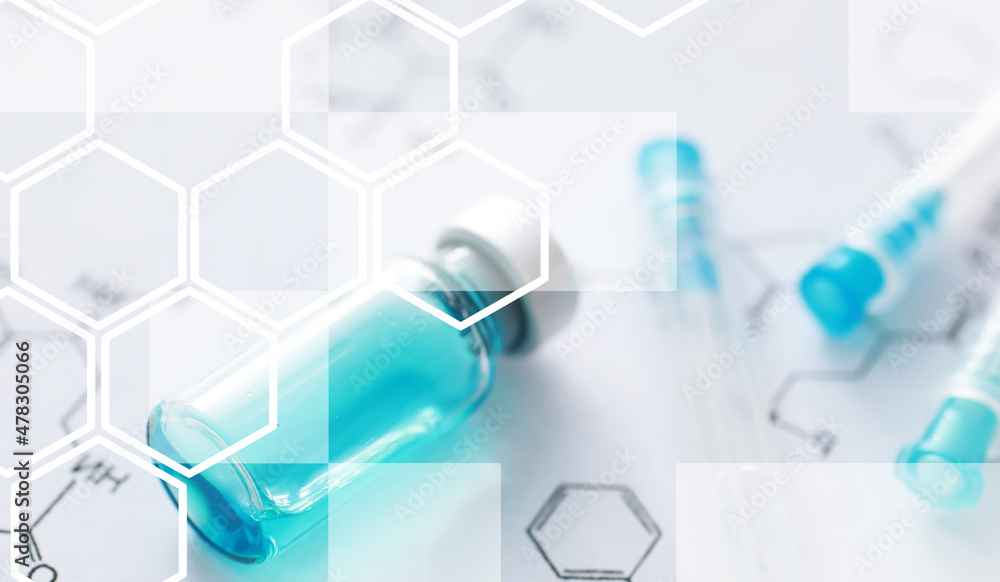 small jars with injection and syringe for injection on a blue background near the chemical formula small jars with injection and syringe for injection on a blue background near the chemical formula