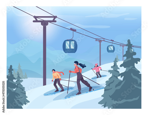 Family wearing an outerwear skiing. Skiing characters, mom, dad and kid