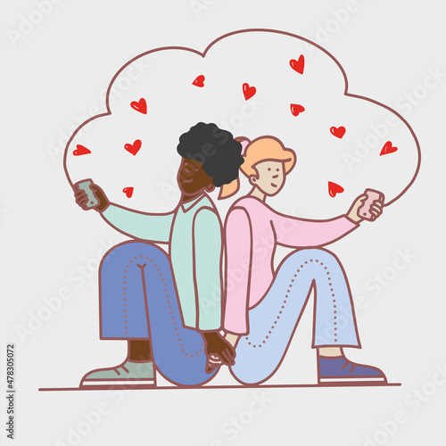 Vector color  illustration of young boy and girl of different races siting together back to back and communicating on the phone by sending each other emoji - hearts.