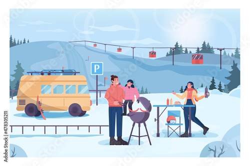 Winter bbq concept. Family grilling steaks, ski resort bbq party. Mountain ski