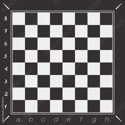 Simple black and white chess board. Numbers and letters in the margins. Vector chessboard.