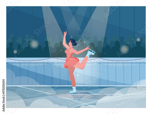 Figure skating competition. Beautiful girl wearing dress and ice skates.