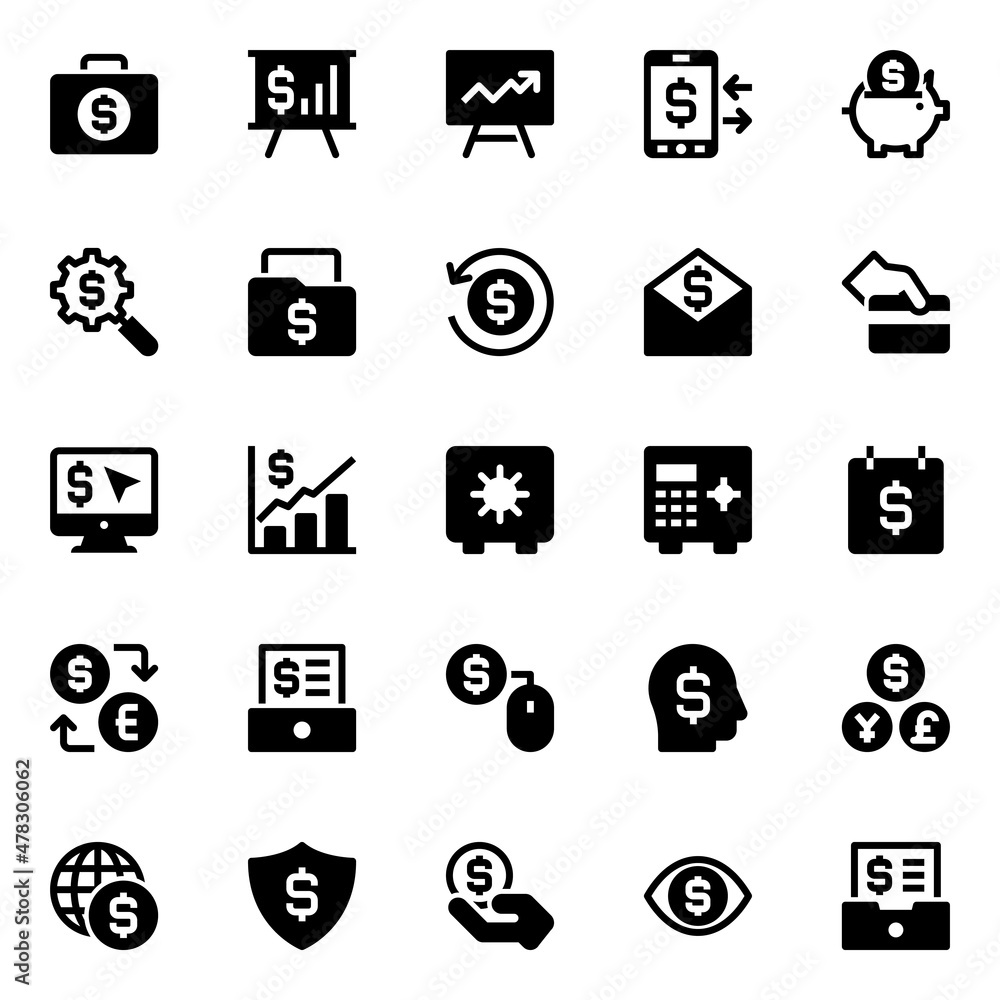 Glyph icons for finance and payments. Glyph icons for finance and payments.