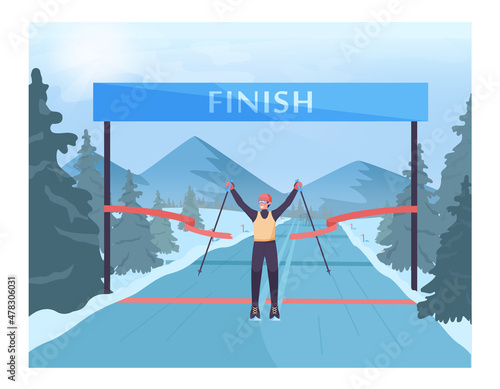 Young sportsman finishing the competition track. Cross country skier