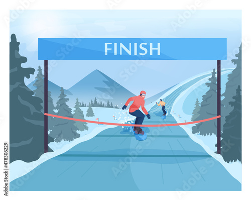 Young sportsman finishing the competition track. Race snowboarder