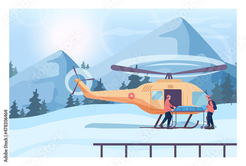 An accident victim transportation. Ski resort rescuer team. Finding people