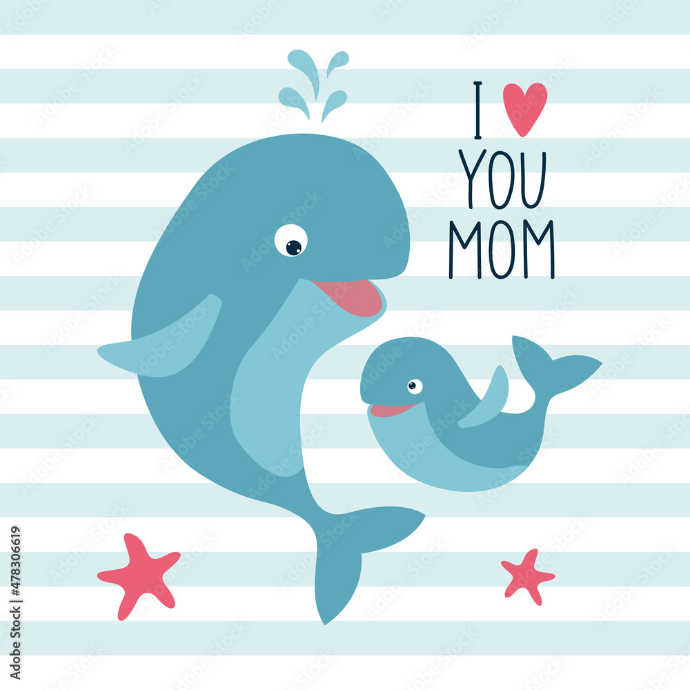 Obraz premium Mother's Day greeting card. Template greeting card with cute whales. 