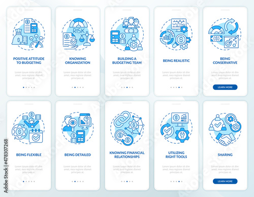 Financial business plan blue onboarding mobile app screen set. Walkthrough 5 steps graphic instructions pages with linear concepts. UI, UX, GUI template. Myriad Pro-Bold, Regular fonts used
