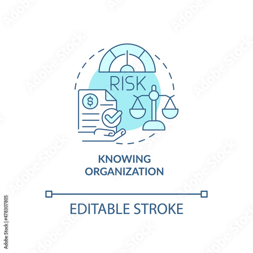 Knowing organization turquoise concept icon. Financial risk of company abstract idea thin line illustration. Isolated outline drawing. Editable stroke. Roboto-Medium, Myriad Pro-Bold fonts used