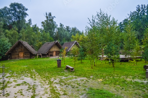Very old wooden huts of the village of Biskupin, Poland