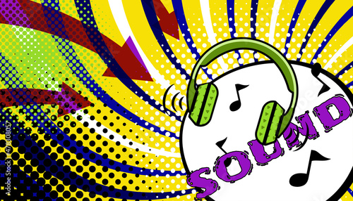 music audio listening headphones bright pop art poster comics sign background horizontal banner