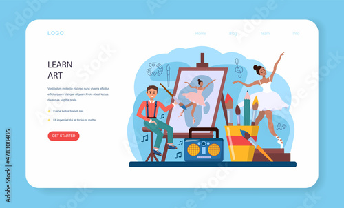 Art school education web banner or landing page. Student holding art tools