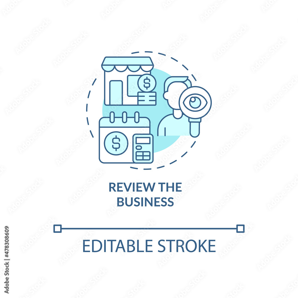 Review business turquoise concept icon. Small business budgeting abstract idea thin line illustration. Isolated outline drawing. Editable stroke. Roboto-Medium, Myriad Pro-Bold fonts used