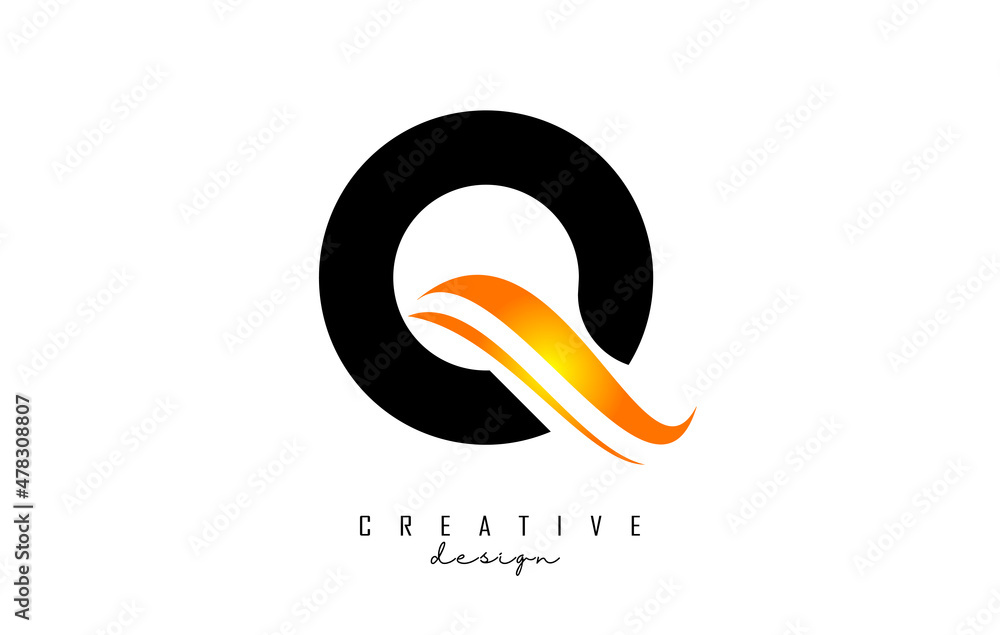 Obraz premium Q letter Logo with gradient orange swoosh. Letter Q with abstract geometric elements. Creative Vector Illustration with letter.