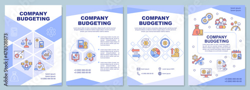 Company budgeting brochure template. Financial projection. Booklet print design with linear icons. Vector layouts for presentation, annual reports, ads. Arial-Black, Myriad Pro-Regular fonts used