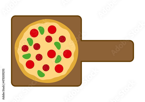 Pizza en tabla de madera sobre fondo blanco. 