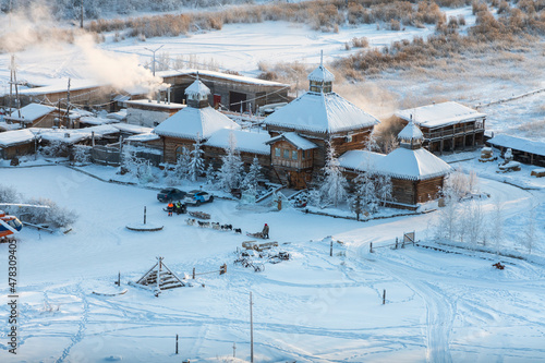 Yakutsk city on a winter day. View from a height of the ethnographic tourist complex 