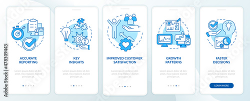 Business tools benefits blue onboarding mobile app screen. Growth pattern walkthrough 5 steps graphic instructions pages with linear concepts. UI, UX, GUI template. Myriad Pro-Bold, Regular fonts used
