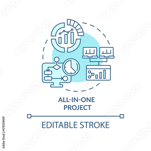 All-in-one project turquoise concept icon. Managing multiple tasks abstract idea thin line illustration. Isolated outline drawing. Editable stroke. Roboto-Medium, Myriad Pro-Bold fonts used
