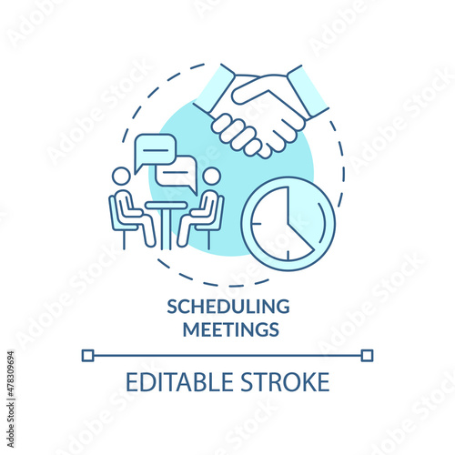 Scheduling meetings turquoise concept icon. Coordinate calendars abstract idea thin line illustration. Isolated outline drawing. Editable stroke. Roboto-Medium, Myriad Pro-Bold fonts used