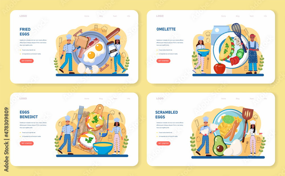 Tasty cooked eggs web banner or landing page set. Scrambled, fried, Tasty cooked eggs web banner or landing page set. Scrambled, fried,