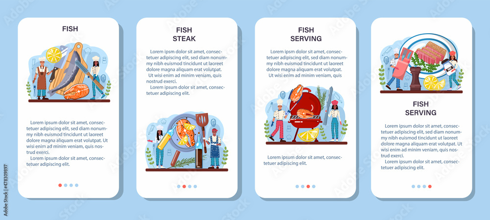 Obraz premium Fish steak mobile application banner set. Chef cooking grilled salmon